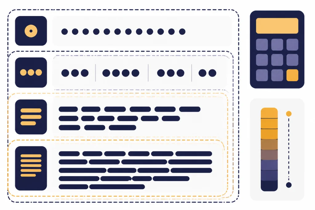 Four proportional strips beside a calculator panel and token meter show length estimation