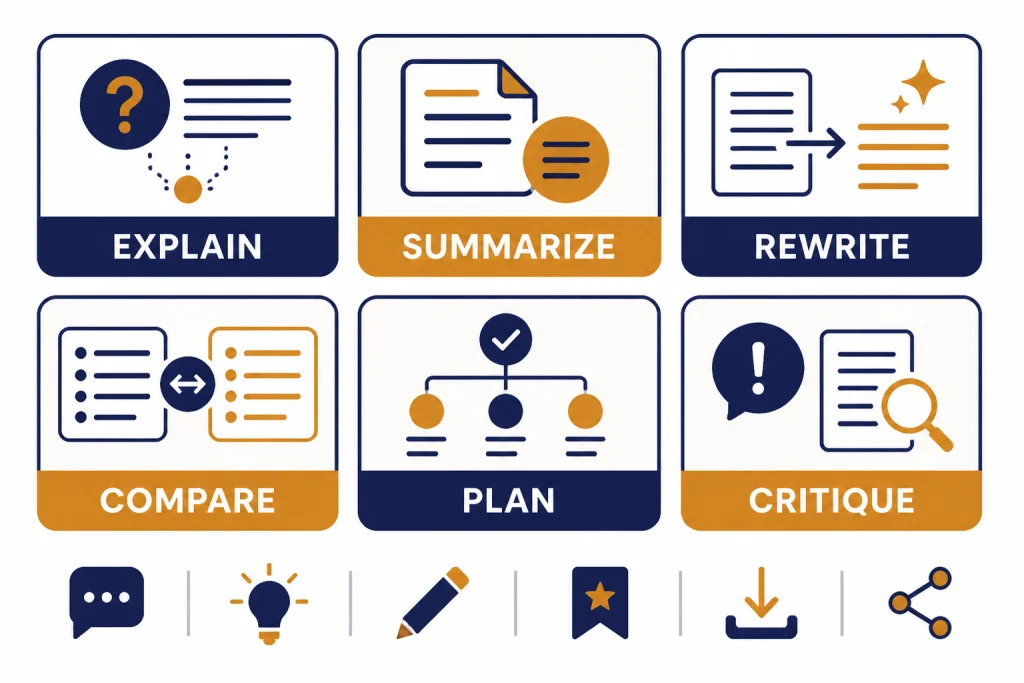 Six command tiles labeled EXPLAIN, SUMMARIZE, REWRITE, COMPARE, PLAN, and CRITIQUE.