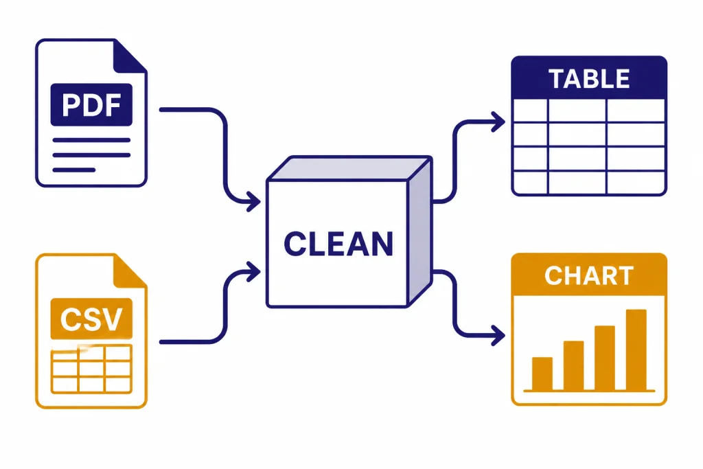 File pipeline with labels PDF and CSV entering CLEAN, then output labels TABLE and CHART.
