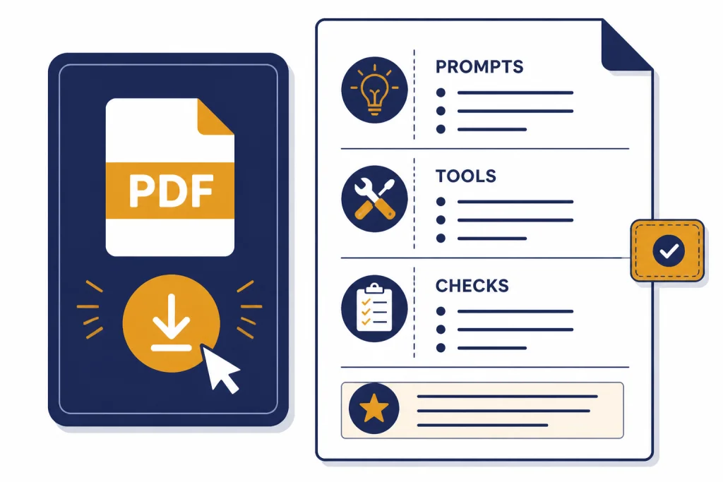 Cheat Sheet Download Card Download card beside a PDF page labeled PDF, PROMPTS, TOOLS, and CHECKS.
