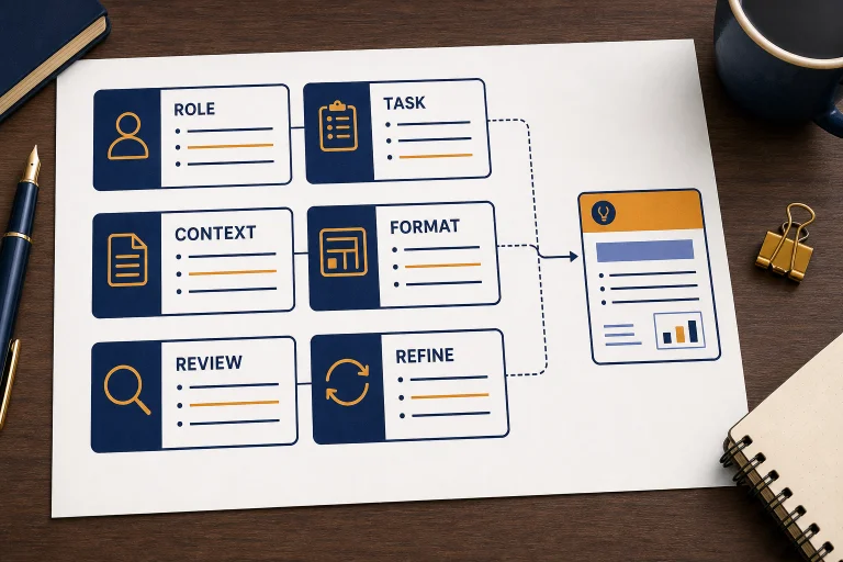 Printable cheat sheet page with prompt blocks labeled ROLE, TASK, CONTEXT, FORMAT, and REVIEW.
