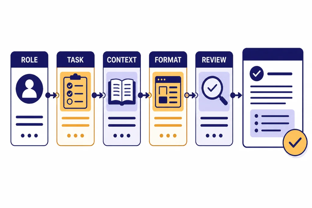 Prompt pipeline with connected blocks labeled ROLE, TASK, CONTEXT, FORMAT, and REVIEW.
