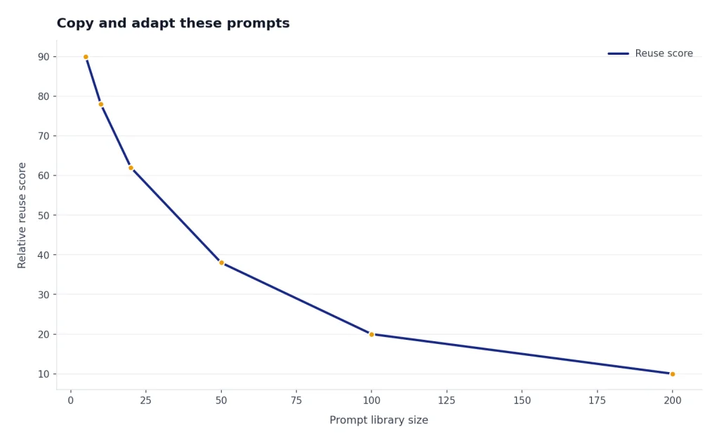 Illustrative line chart showing that very large prompt libraries can reduce reuse because they become harder to navigate.