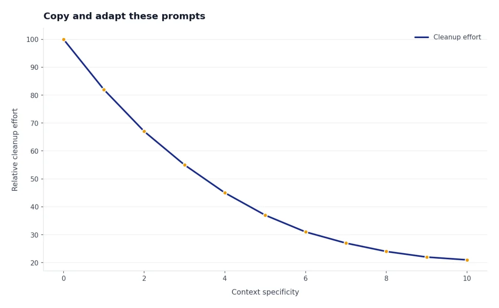 Illustrative line chart showing that cleanup effort generally decreases as prompt context becomes more specific.