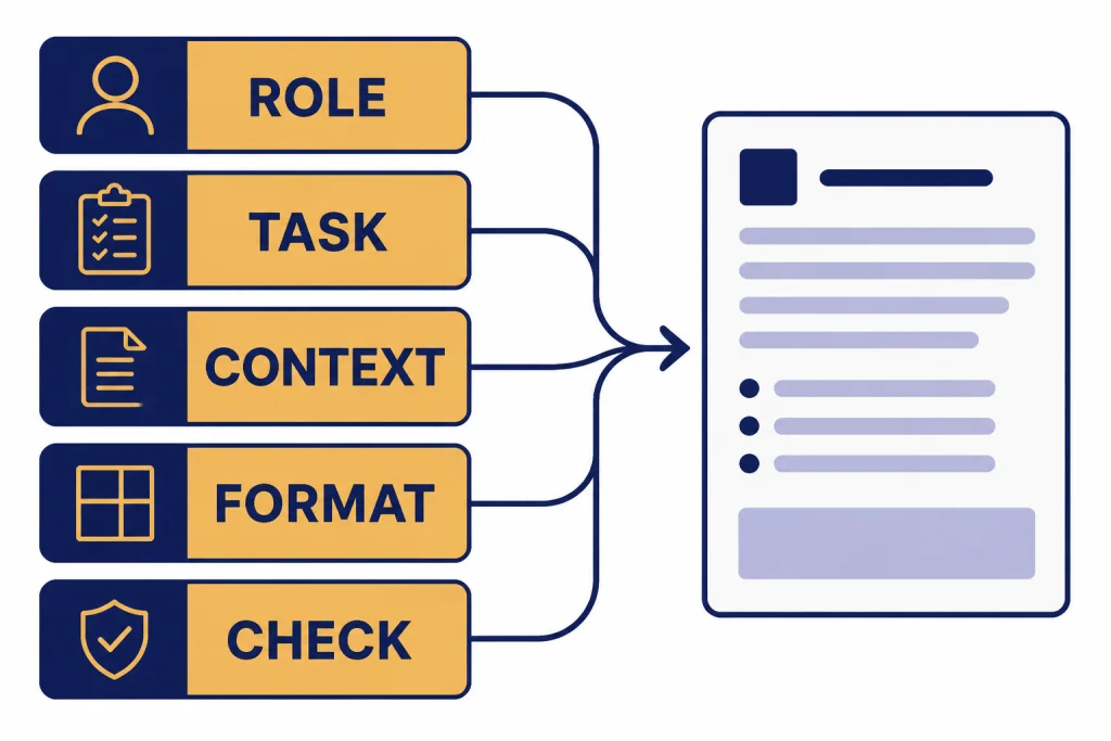 Five stacked prompt blocks labeled ROLE, TASK, CONTEXT, FORMAT, and CHECK flowing into an answer panel.