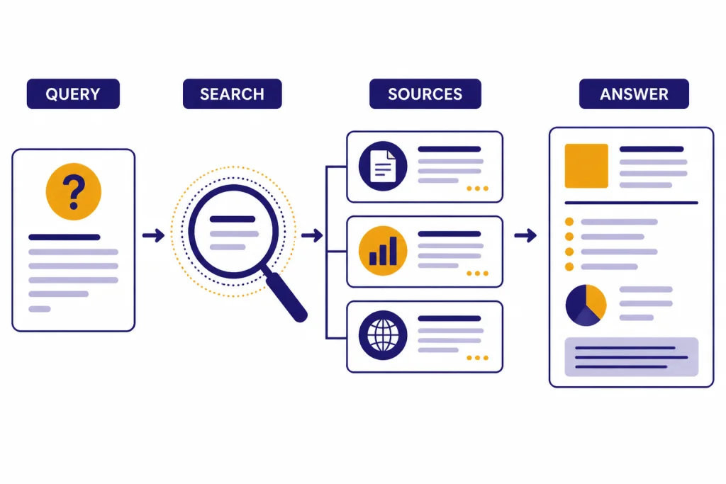 Research Command Flow Research workflow with boxes labeled QUERY, SEARCH, SOURCES, and ANSWER.