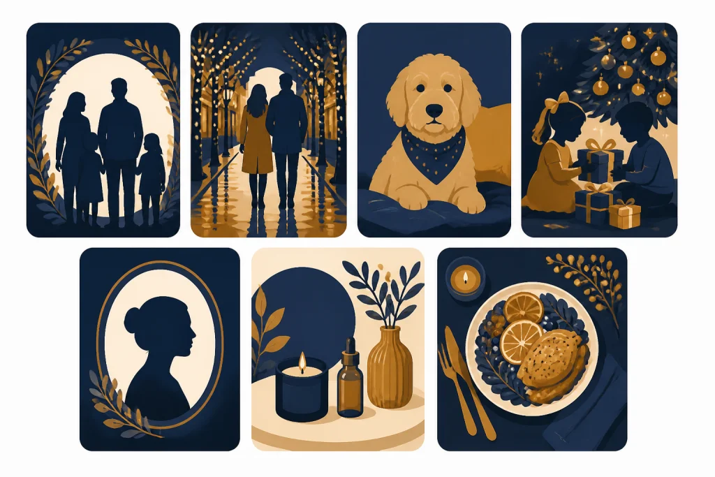 Holiday Prompt Card Grid Grid of seven holiday prompt cards for family, couple, pet, children, profile, product, and food scenes.