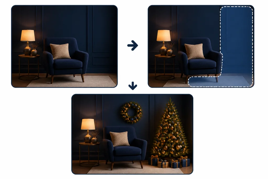 Christmas Photo Edit Flow Before-and-after editing diagram with selection mask adding a tree, wreath, and warm lights.
