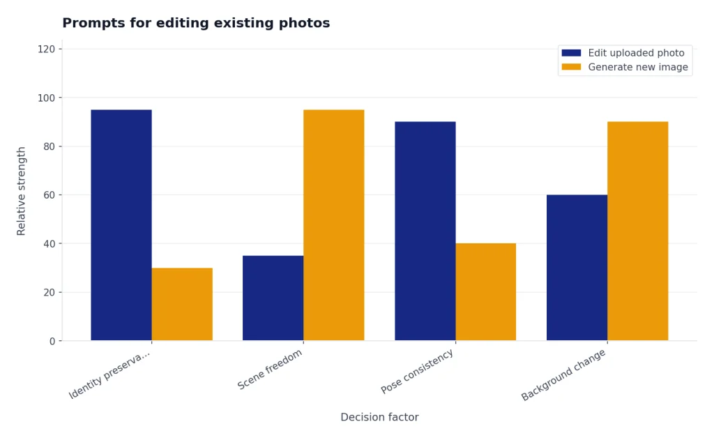 Grouped bars compare editing vs generation for identity preservation, scene freedom, pose consistency, background change.
