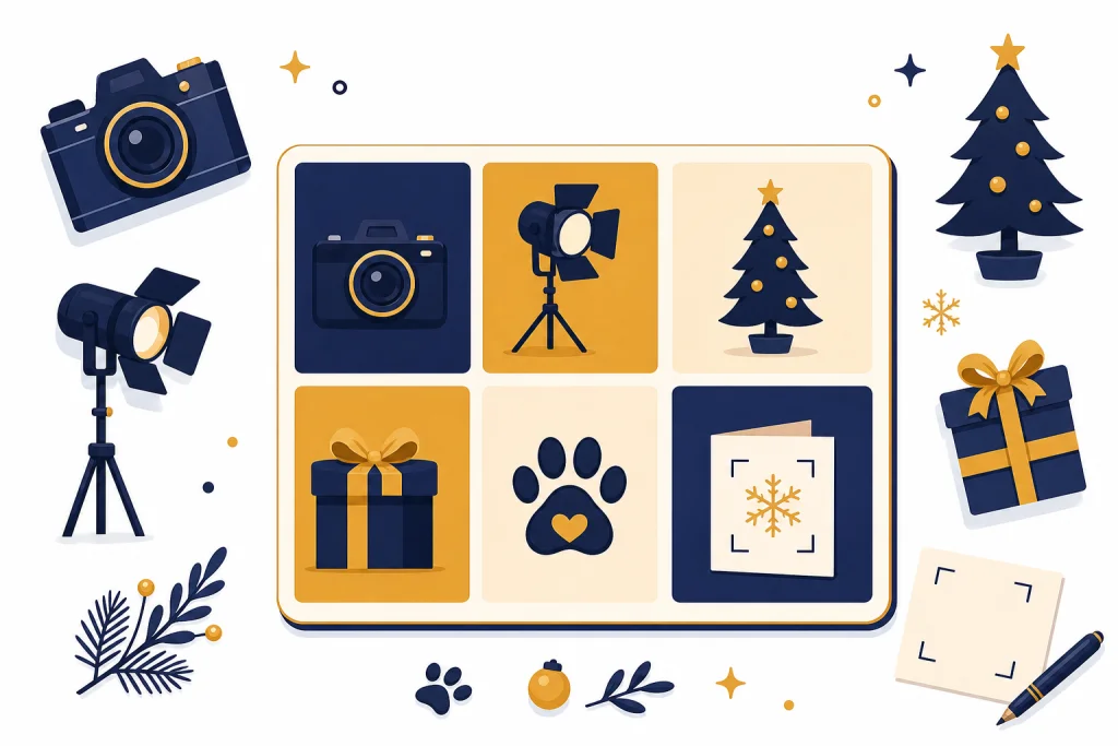 Christmas Prompt Workspace Central segmented prompt card surrounded by camera, light, tree, gift, pet paw, and crop icons.