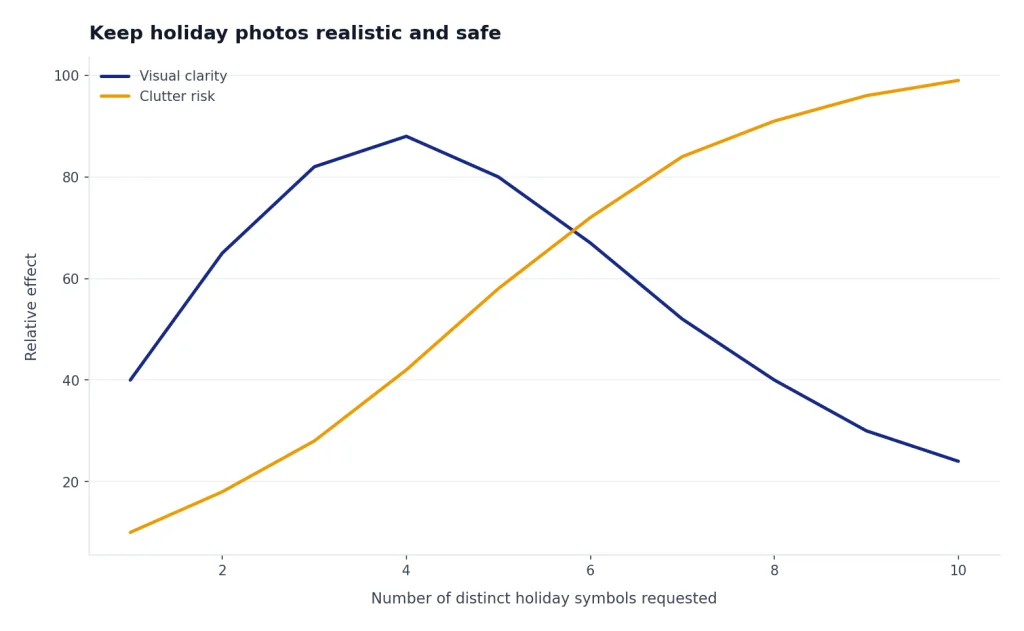 Line chart shows visual clarity peaking at 4 holiday symbols while clutter risk rises from 1 to 10 symbols.