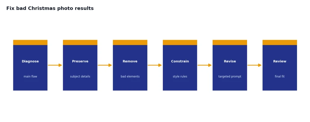 Six-step process labeled Diagnose, Preserve, Remove, Constrain, Revise, and Review for photo fixes.