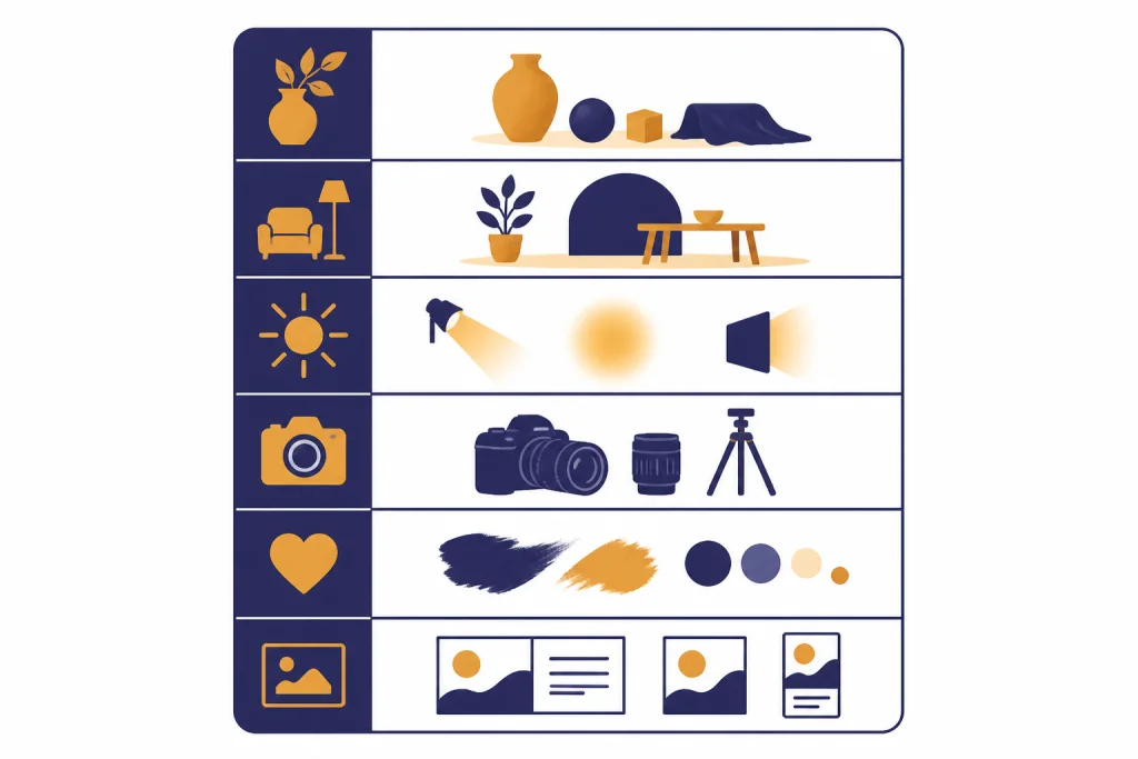 Six-Part Prompt Formula Six-band prompt formula card with icons for subject, setting, lighting, camera, mood, and use.
