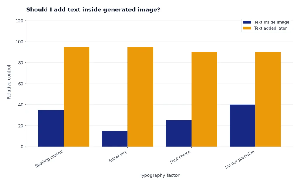 Grouped bars compare text inside image with text added later for spelling, editability, font, and layout control.
