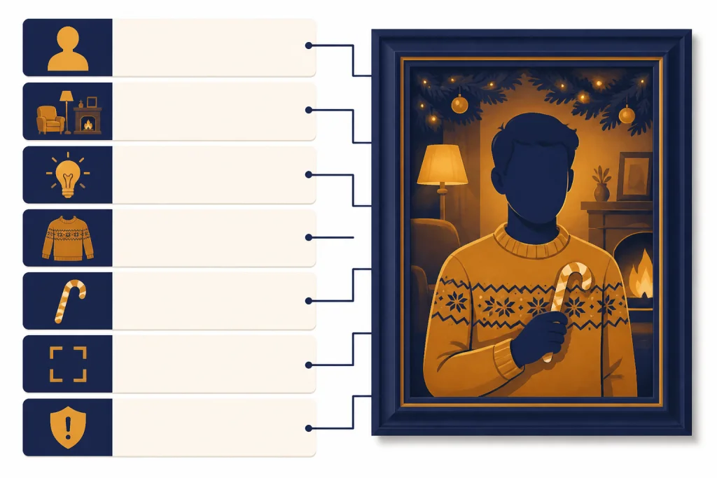 Seven stacked prompt cards beside a finished holiday portrait frame
