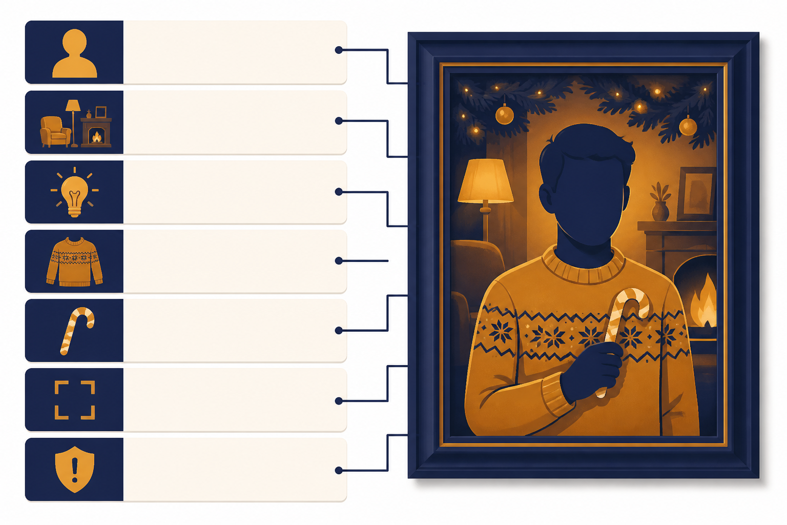 Seven stacked prompt cards beside a finished holiday portrait frame