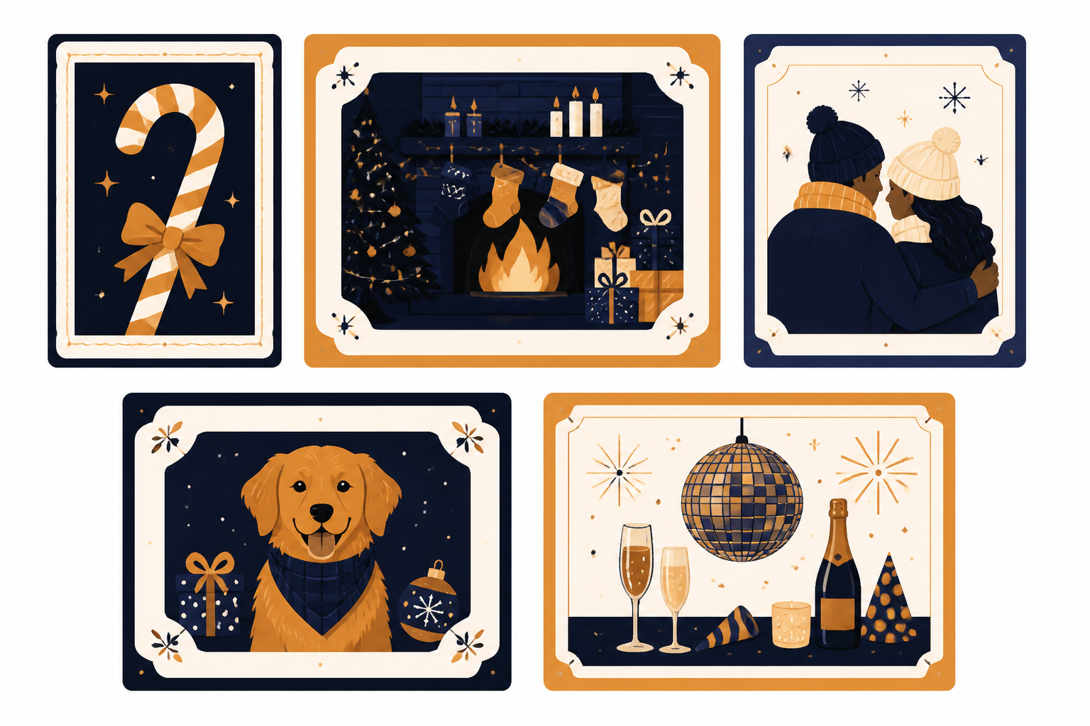 Five framed holiday trend cards with candy cane, fireplace, couple, pet, and New Year scenes
