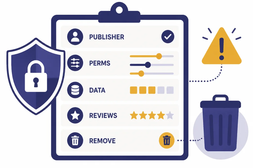 Privacy checklist dashboard with labels PUBLISHER, PERMS, DATA, REVIEWS, and REMOVE.