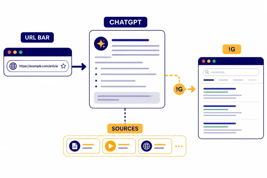 Flow from URL BAR to CHATGPT answer with SOURCES and a fallback arrow labeled !G.