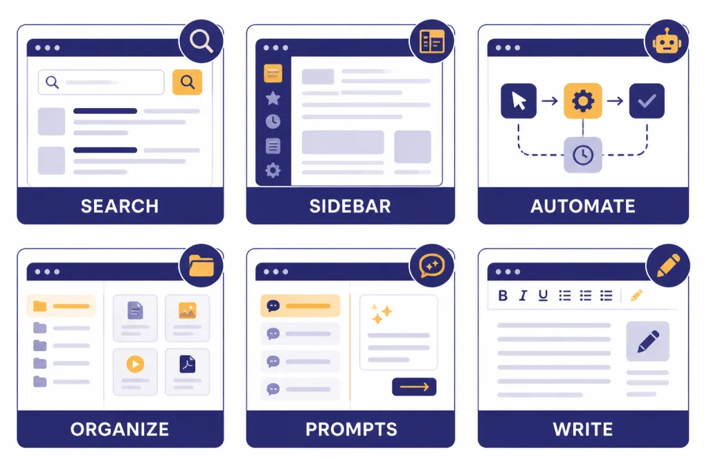 Six comparison cards labeled SEARCH, SIDEBAR, AUTOMATE, ORGANIZE, PROMPTS, and WRITE.