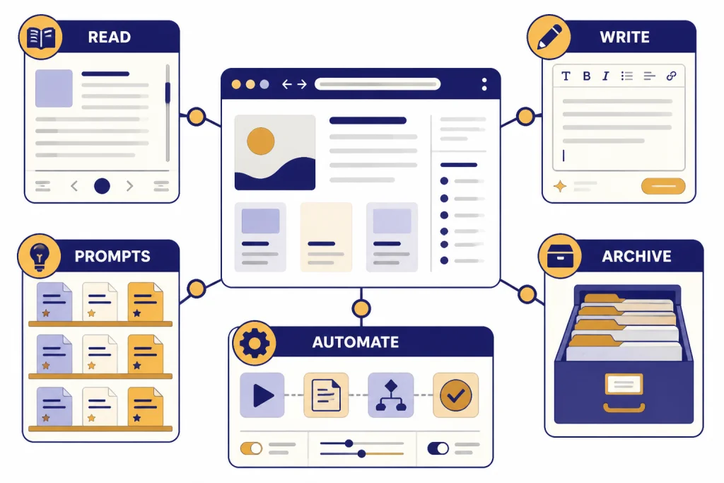 Extension Workflow Map Browser workspace with panels labeled READ, WRITE, PROMPTS, AUTOMATE, and ARCHIVE around a webpage.