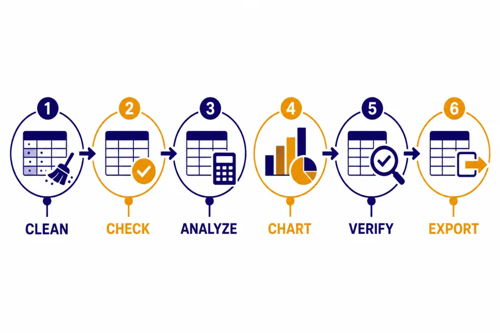 Six-node pipeline labeled CLEAN, CHECK, ANALYZE, CHART, VERIFY, and EXPORT.