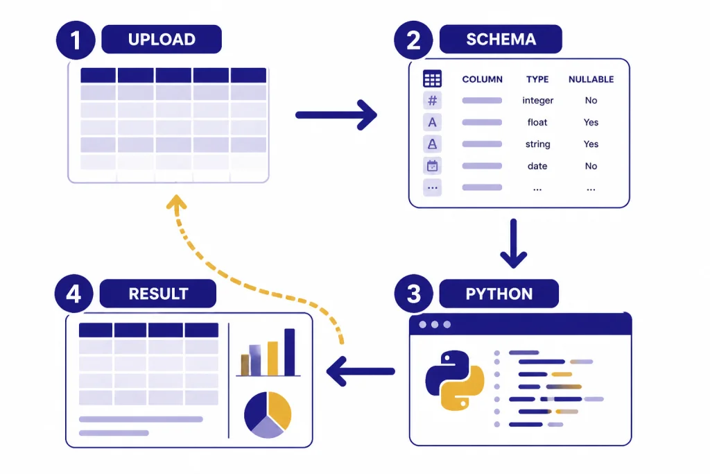Four-step loop labeled UPLOAD, SCHEMA, PYTHON, and RESULT with a table and chart output.