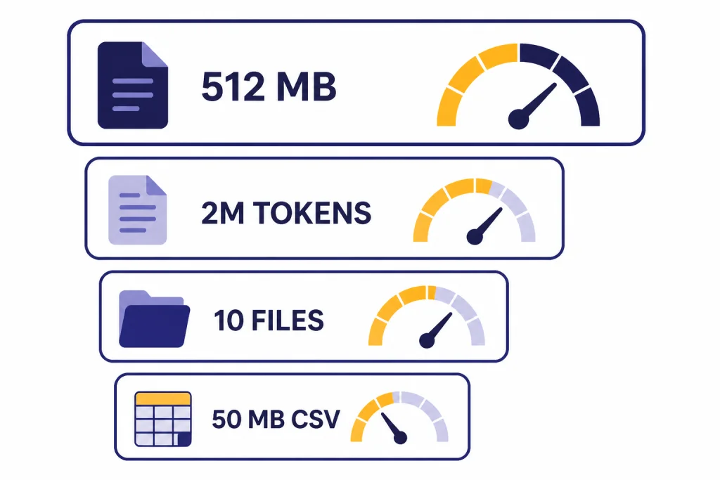 Upload Limits Dashboard Limits dashboard cards labeled 512 MB, 2M TOKENS, 10 FILES, and 50 MB CSV.