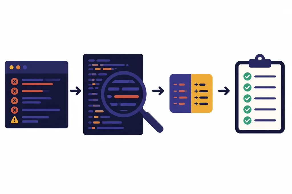 Error console, code magnifier, patch block, and passing test checklist connected in sequence.