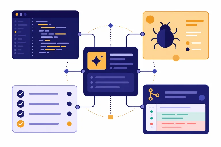 Prompt template card connected to code, bug, test, and review panels in a workflow hub.