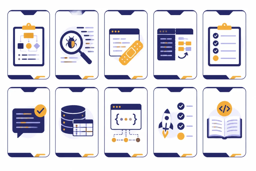 Grid of ten coding prompt cards with distinct task icons.