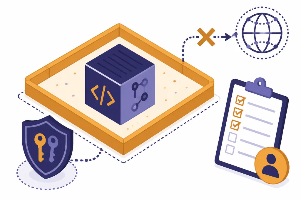 Sandboxed repository cube with blocked network arrow, shielded keys, and review checklist.