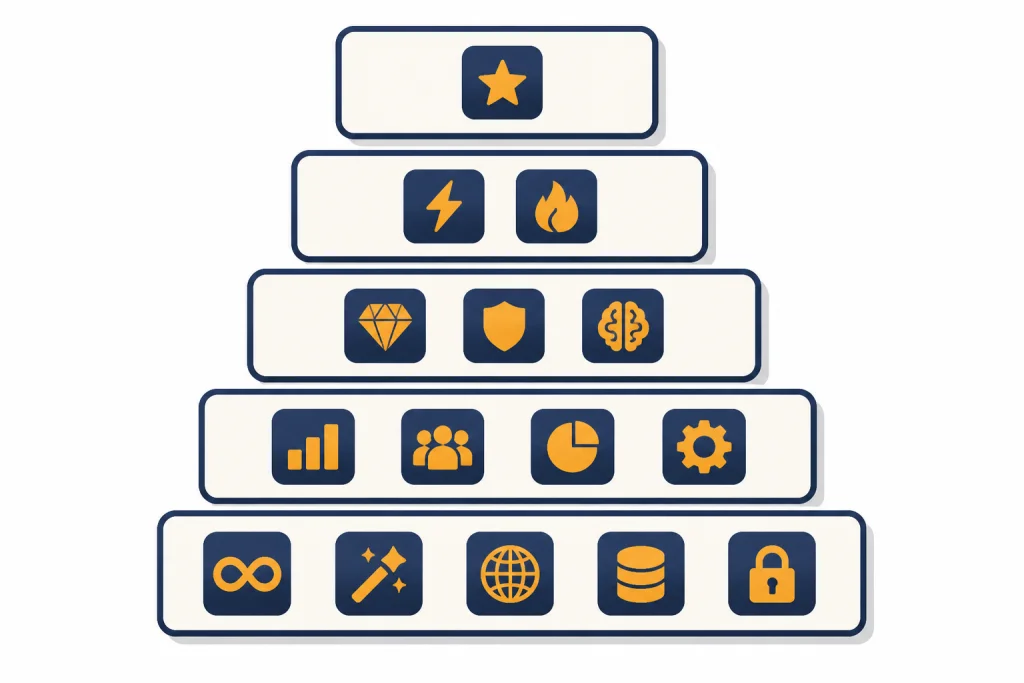 Five stacked plan cards with increasing amounts of token tiles.
