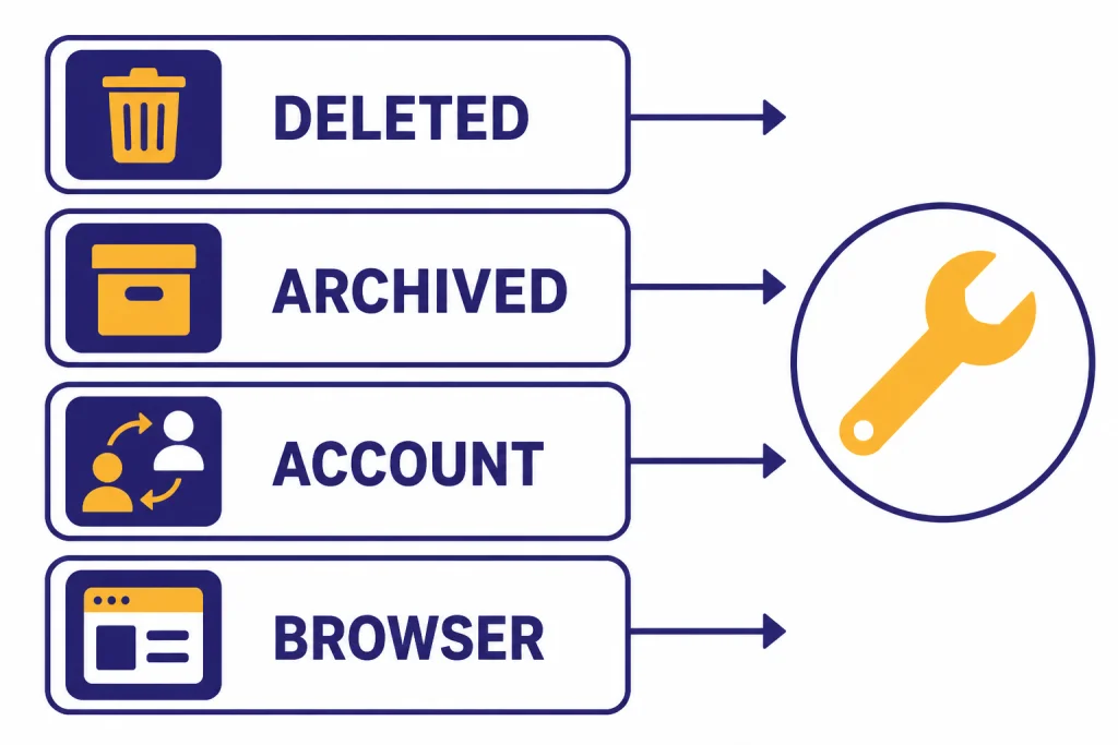 Four diagnostic cards labeled DELETED, ARCHIVED, ACCOUNT, and BROWSER with arrows to a repair wrench.