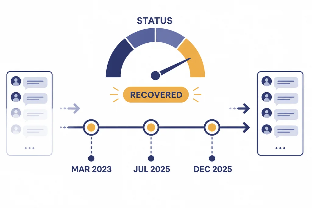 Incident timeline labeled MAR 2023, JUL 2025, DEC 2025, RECOVERED, and STATUS with history panels.
