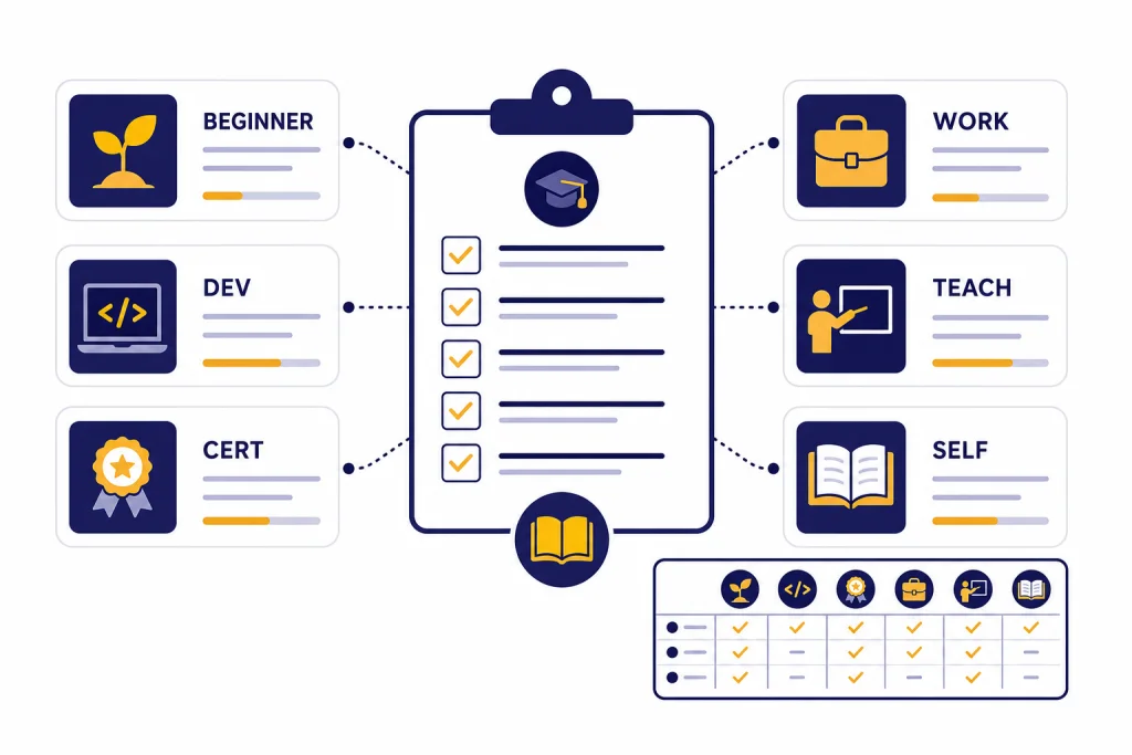 ChatGPT Course Selection Dashboard Course dashboard with six cards labeled BEGINNER, DEV, CERT, WORK, TEACH, and SELF around a checklist.