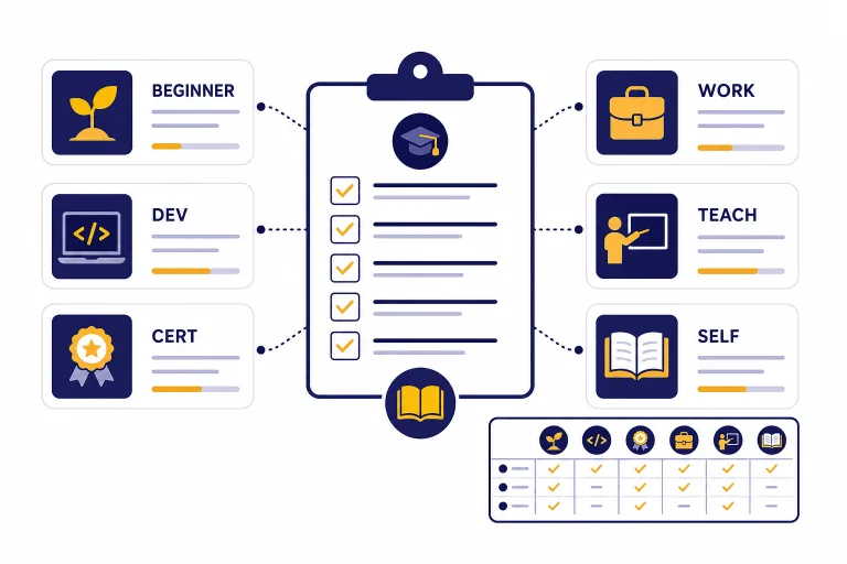 Course dashboard with six cards labeled BEGINNER, DEV, CERT, WORK, TEACH, and SELF around a checklist.