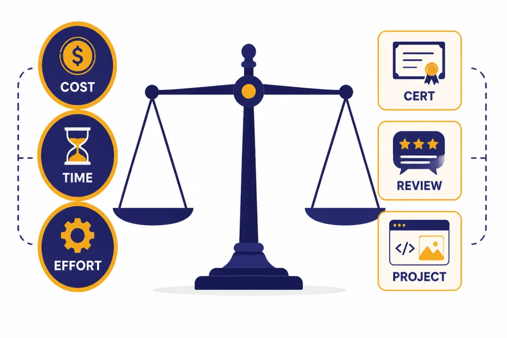 Paid Course Value Scale Value scale with labels COST, TIME, EFFORT, CERT, REVIEW, and PROJECT.