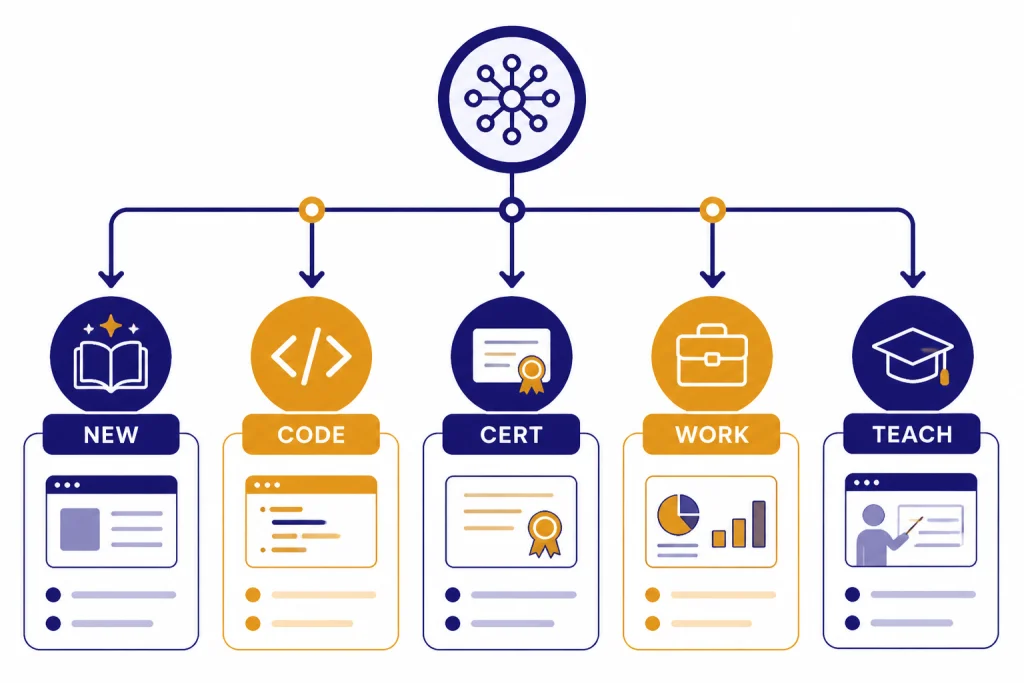 Decision tree with five course branches labeled NEW, CODE, CERT, WORK, and TEACH.