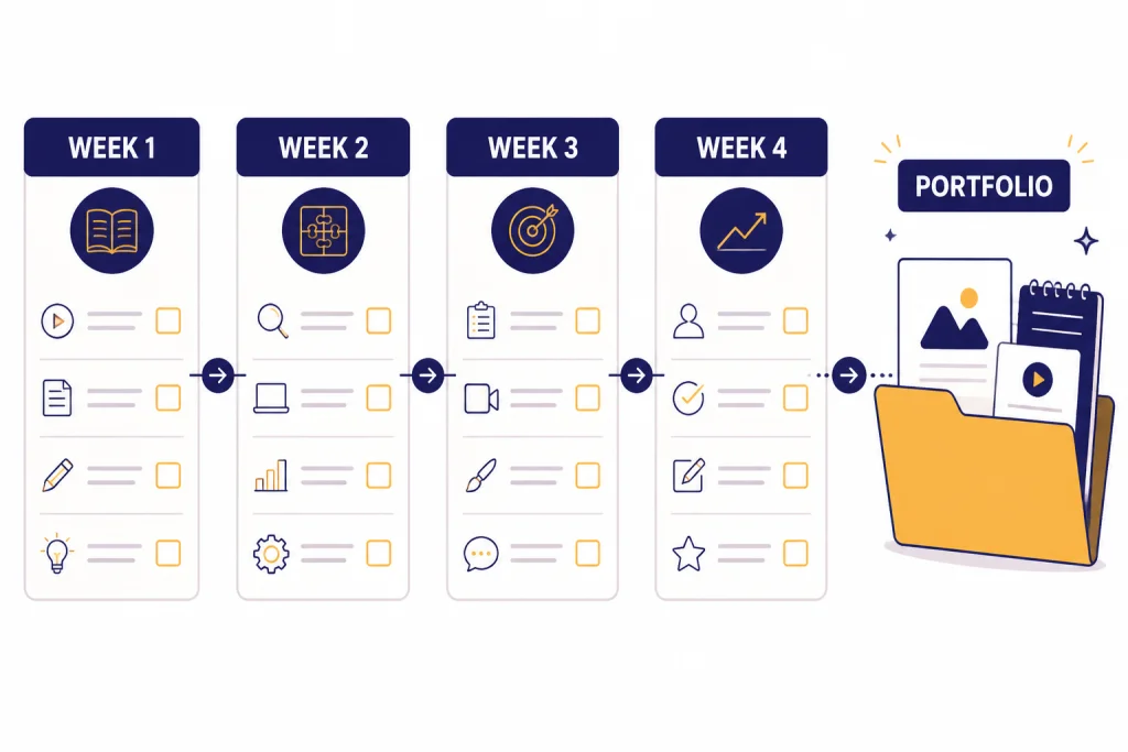 Four-week course calendar labeled WEEK 1 through WEEK 4 ending in a PORTFOLIO folder.