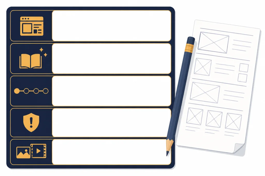 Creative Prompt Framework Five-compartment prompt framework card beside a pencil and draft sheet.