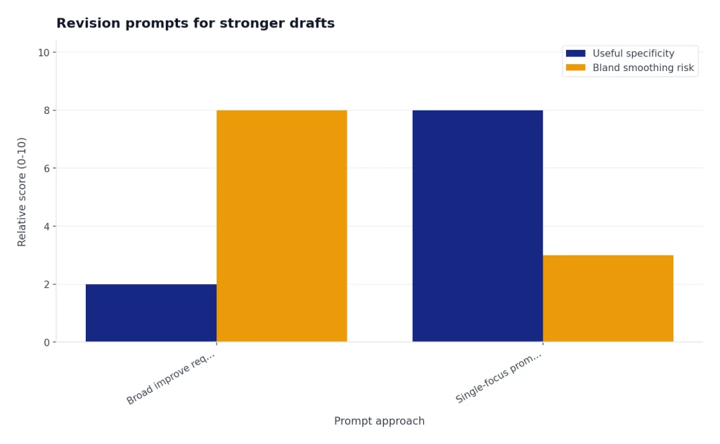 Grouped bars compare Broad improve request and Single-focus prompt: specificity 2 vs 8, smoothing risk 8 vs 3.