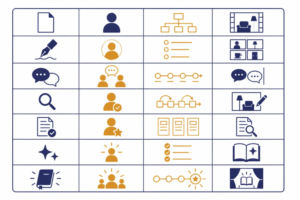 Decision matrix with seven story-stage rows and four columns of prompt-use icons.