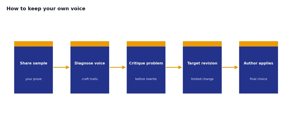 Five-stage process: Share sample, Diagnose voice, Critique problem, Target revision, Author applies.
