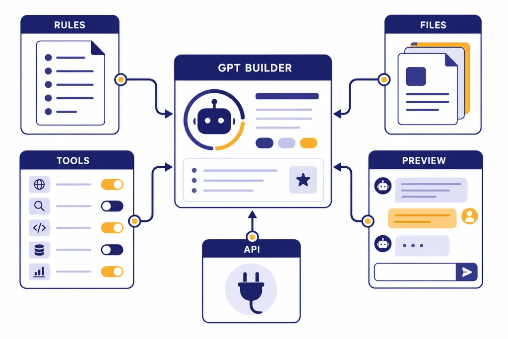 Custom GPT Builder Overview GPT builder dashboard with modules labeled BUILD, RULES, FILES, TOOLS, and PREVIEW feeding one assistant card.