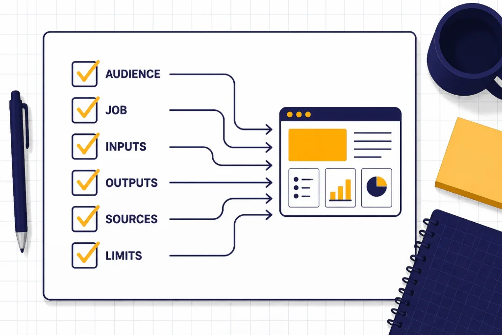 GPT Planning Worksheet Planning worksheet with checked boxes labeled AUDIENCE, JOB, INPUTS, OUTPUTS, SOURCES, and LIMITS.