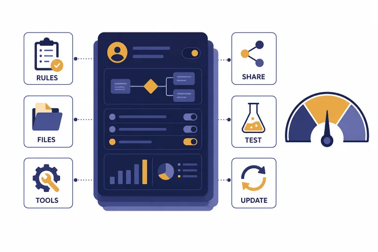 Custom assistant control panel with tiles labeled RULES, FILES, TOOLS, SHARE, TEST, and UPDATE beside a verdict gauge.