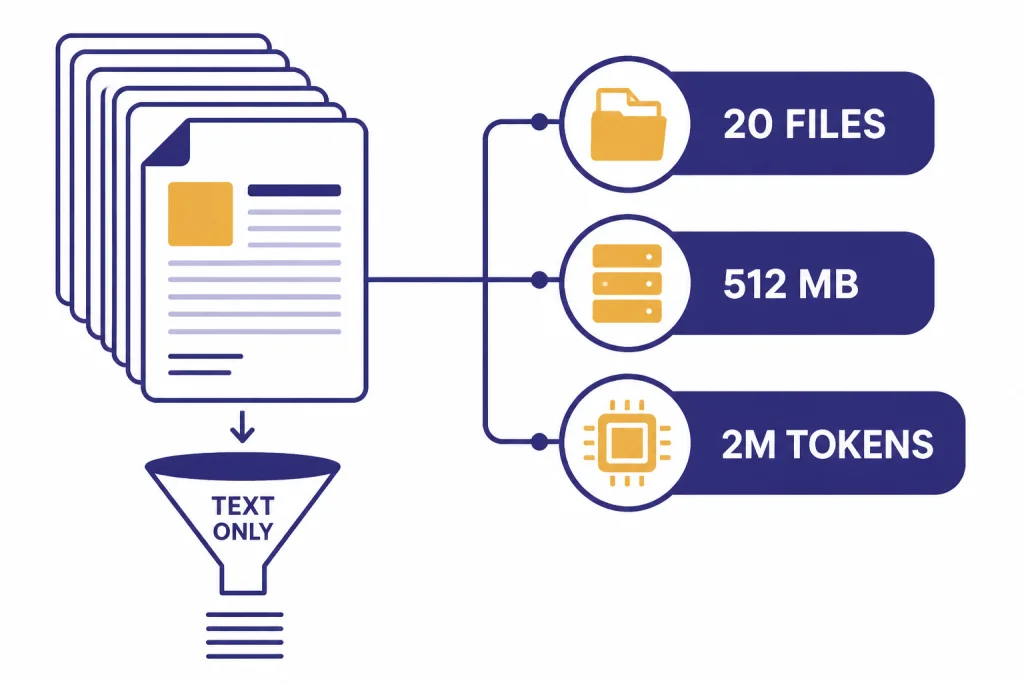 Stack of document cards with badges labeled 20 FILES, 512 MB, 2M TOKENS, and a funnel labeled TEXT ONLY.