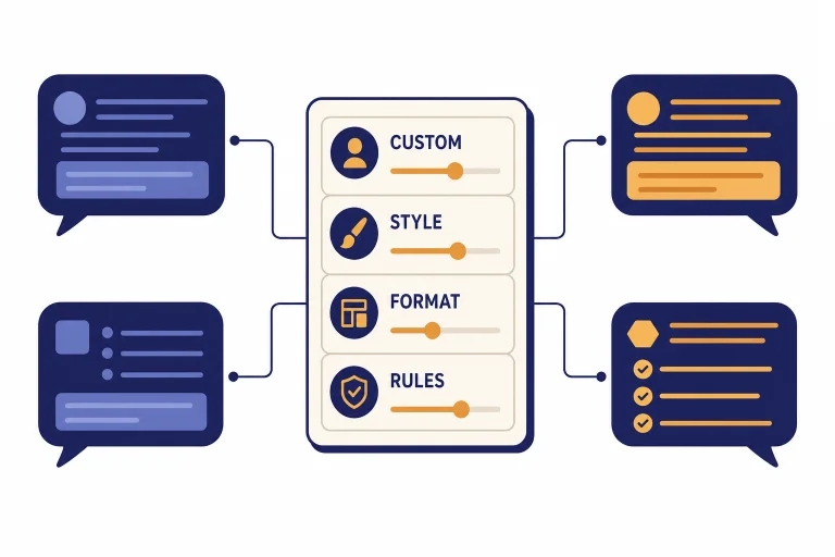 Settings card labeled CUSTOM, STYLE, FORMAT, RULES connected to four chat bubbles.