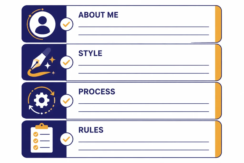 Instruction Template Structure Four-band template card labeled ABOUT ME, STYLE, PROCESS, and RULES with check marks.